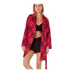 Victoria's Secret Pink Fluffy Plush Robe Red Plaid Size M/L